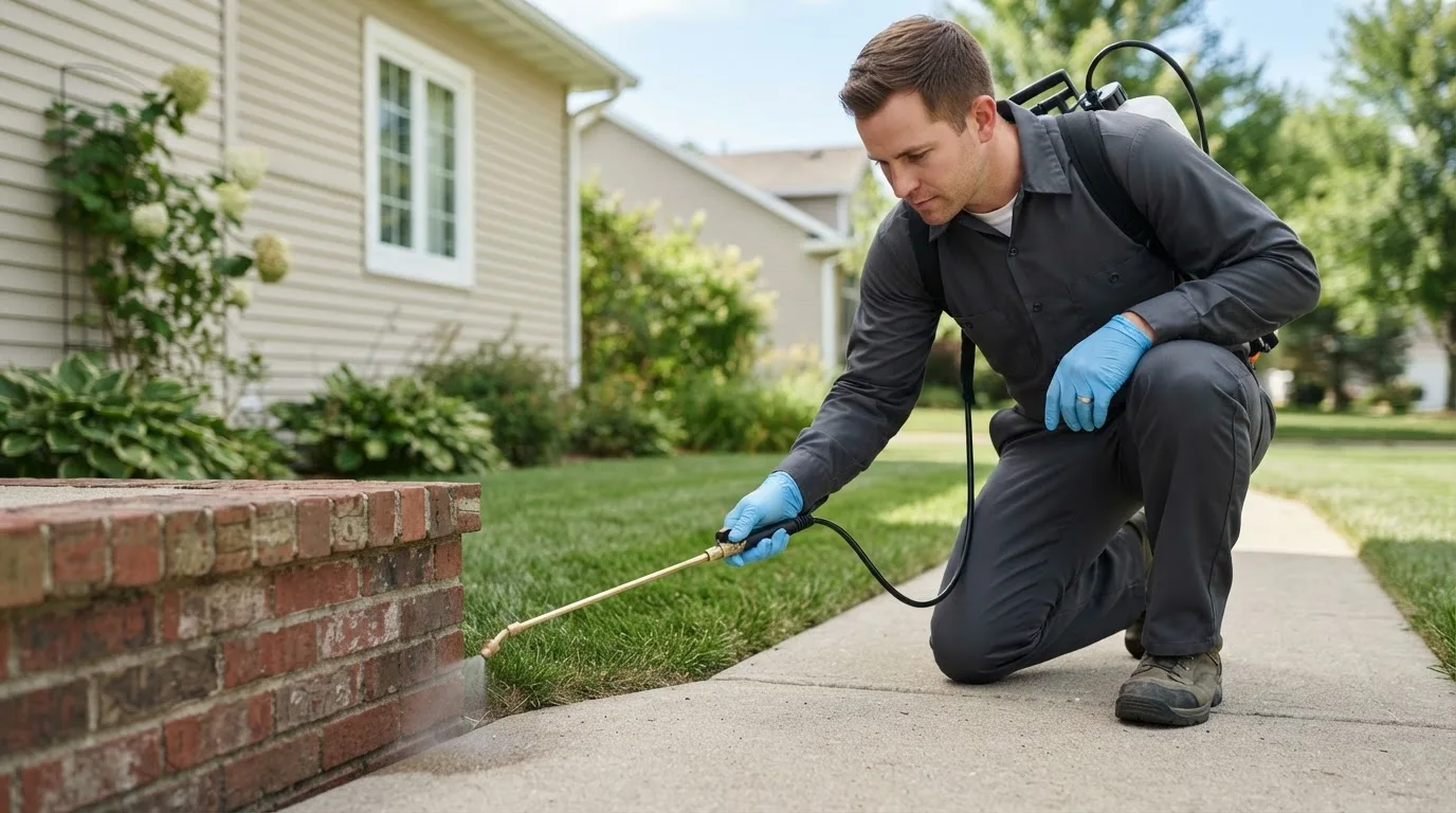 Pest control technician treating a home near Wheatland, PA