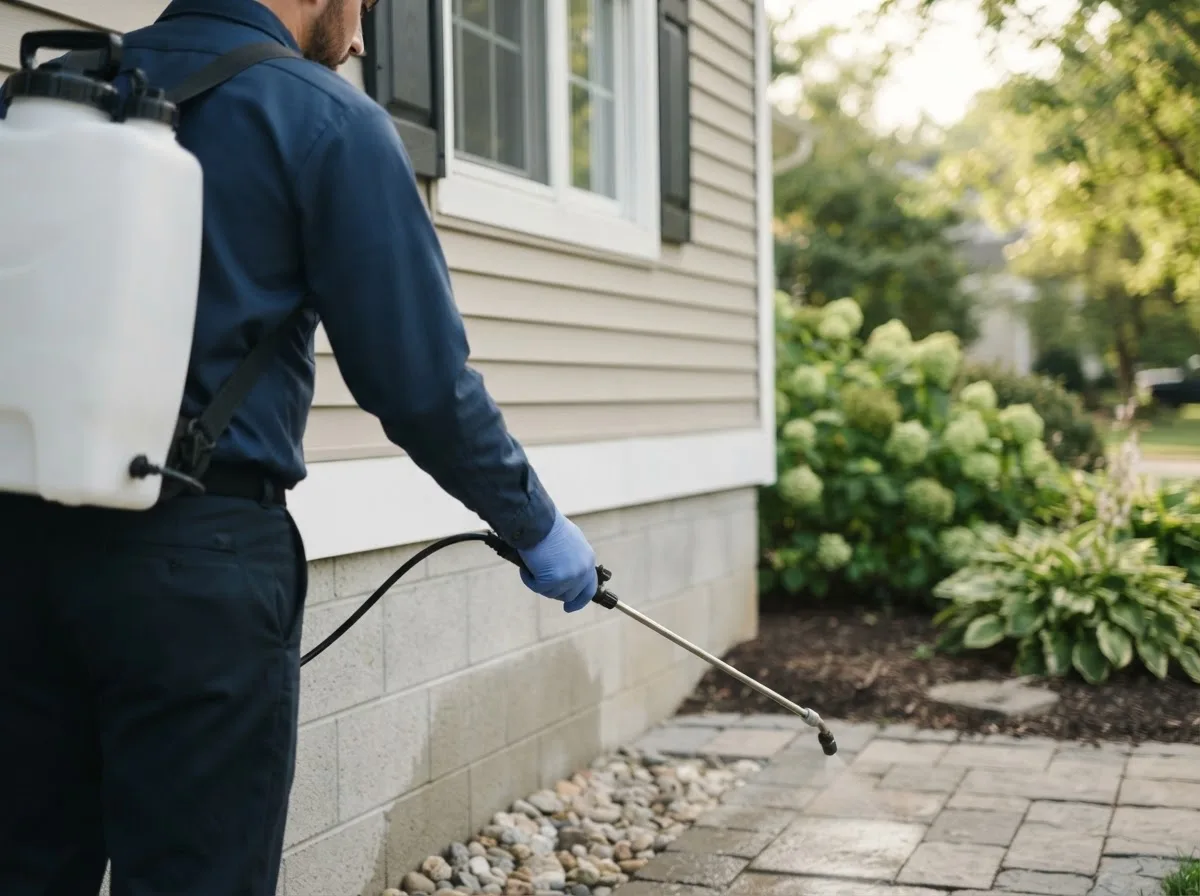 Pest control technician inspecting a home in Wheatland, PA